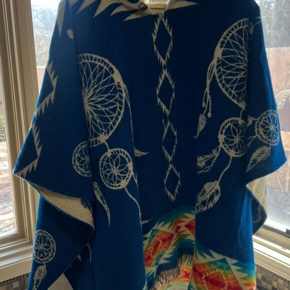 Western Blue Dreamcatcher Patterned Poncho w/ rainbow design - Picture 4 of 4